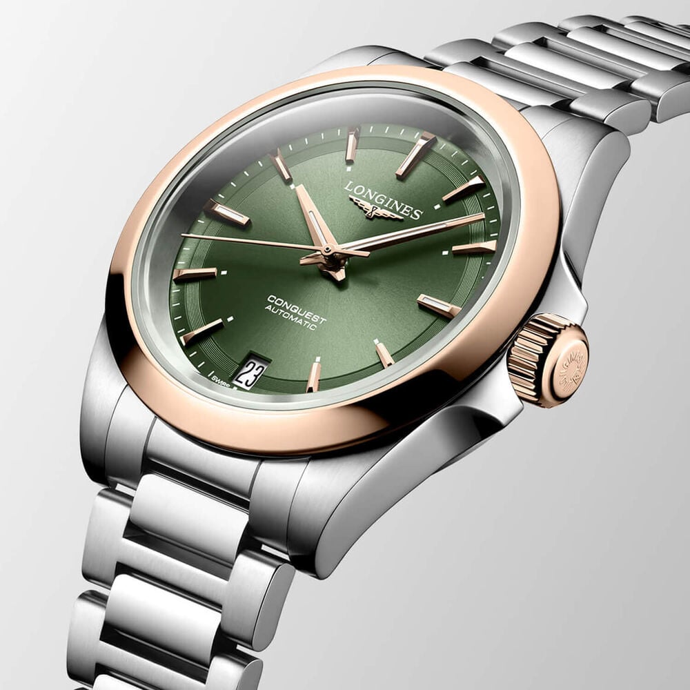 Longines Conquest 34mm Green Dial Pink Gold Case Steel Bracelet Watch image number 2