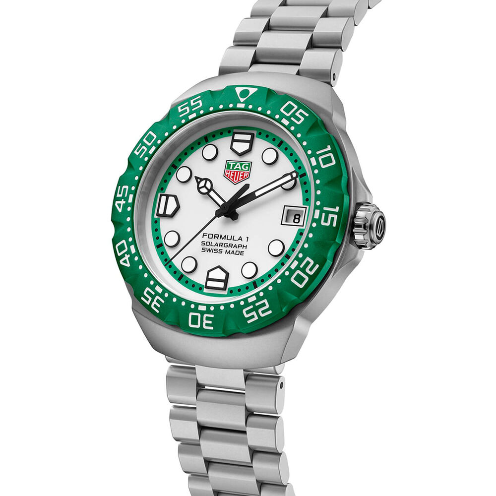TAG Heuer Formula 1 Solargraph 38mm White Dial Green Bezel Steel Bracelet Watch