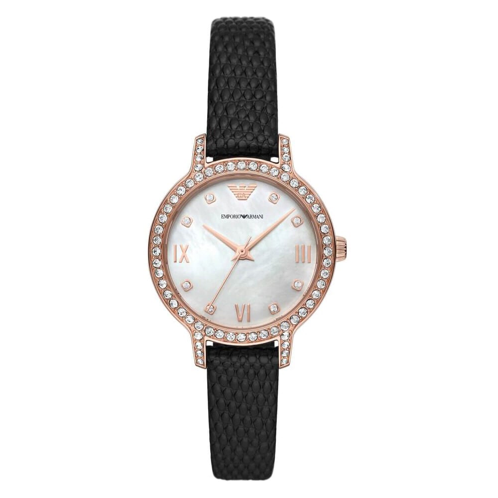 Emporio Armani Cleo 32mm Cubic Zirconia Rose Gold Case Black Leather Watch image number 0