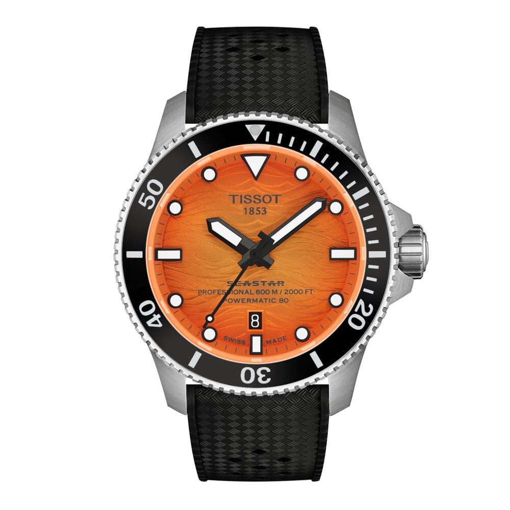 Tissot Seastar 2000 44mm Orange Dial Black Leather Strap Watch