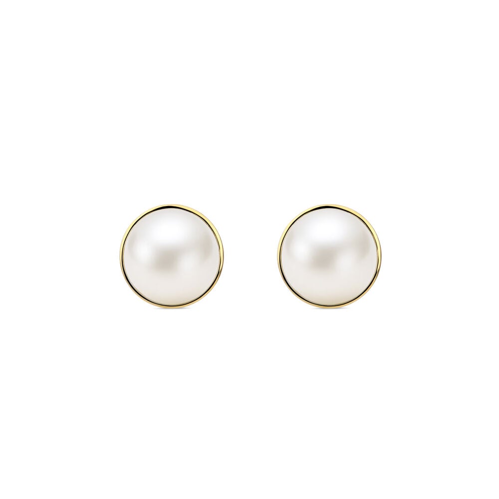 Yellow Gold Plated Sterling Silver Rim Freshwater Pearl Button Stud Earrings