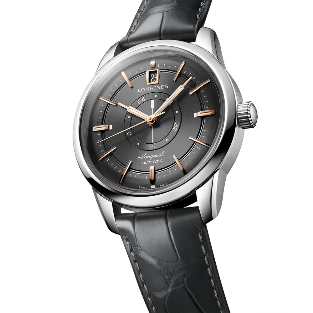 Longines Conquest Heritage Central Power Reserve 38mm Anthracite Dial Grey Leather Strap Watch image number 1