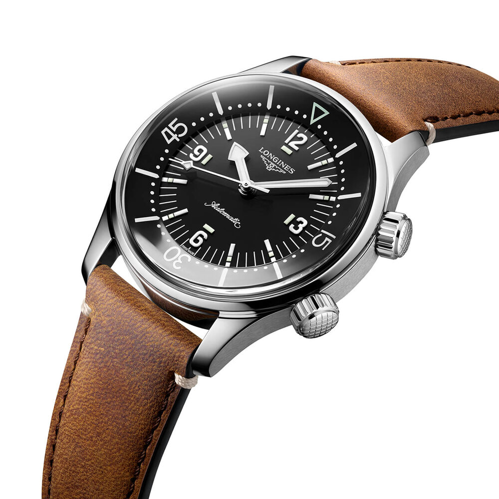 Longines Legend Diver 39mm Black Dial Stainless Steel Case Brown Leather Strap Watch