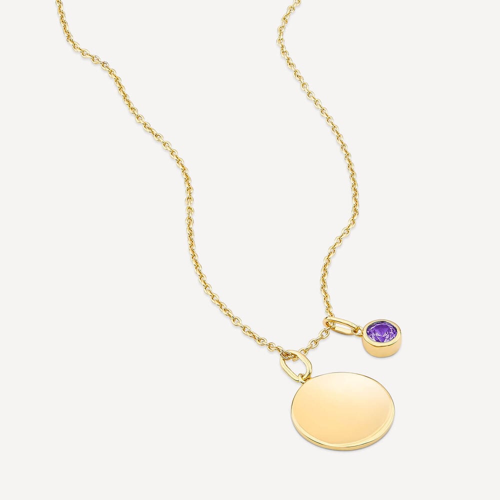 Sterling Silver Yellow Gold Plated Round Amethyst & Disc Pendant