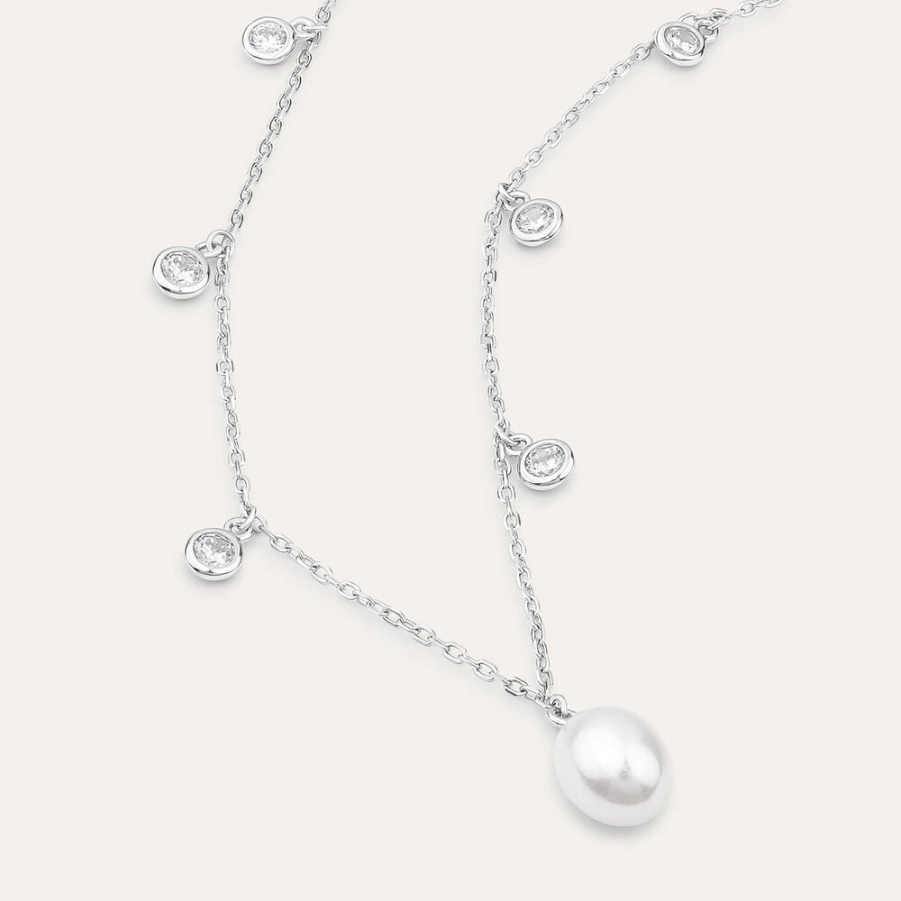 Sterling Silver Freshwater Pearl & Cubic Zirconia Droplets Necklet