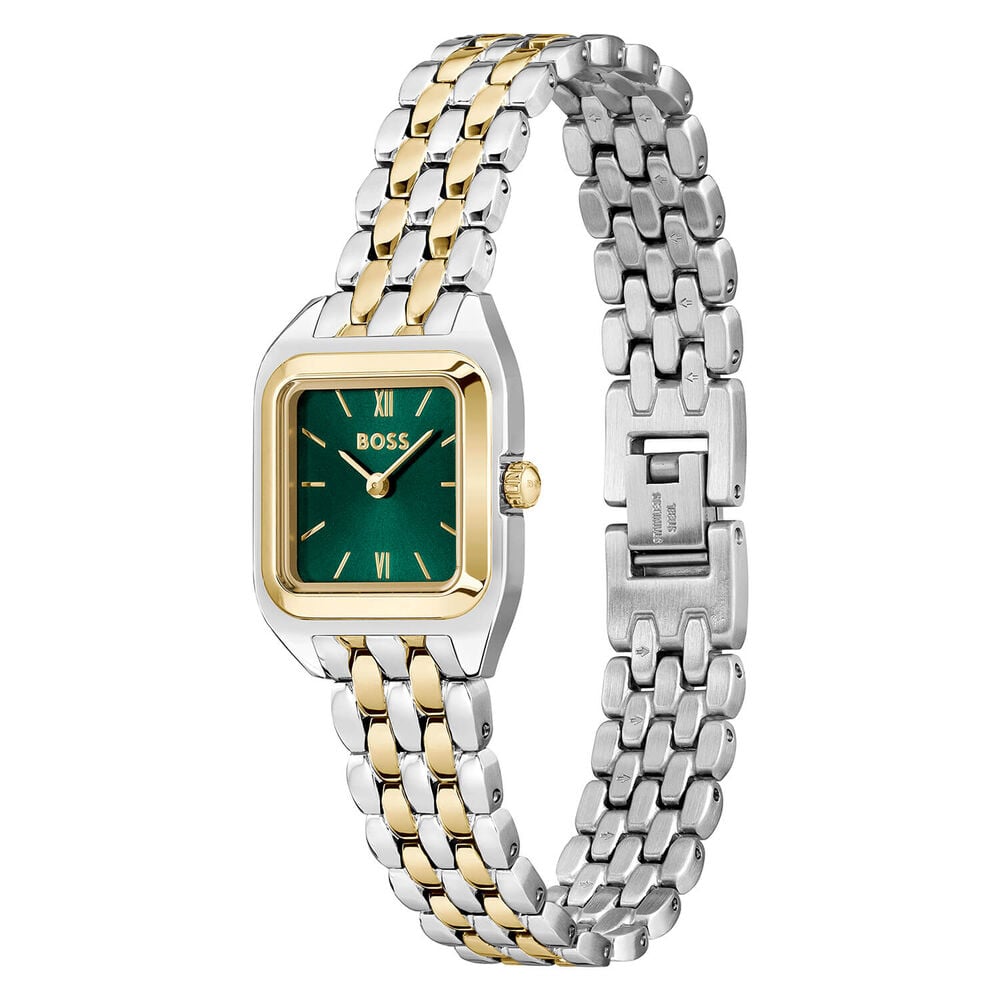 BOSS Mae Petite 22mm Square Green Dial Gold Tone Bezel Steel Bracelet Watch image number 2