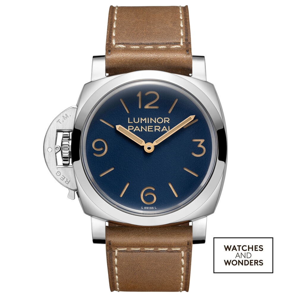 Panerai Luminor Destro 44mm Blue Dial Light Brown Leather Strap Watch