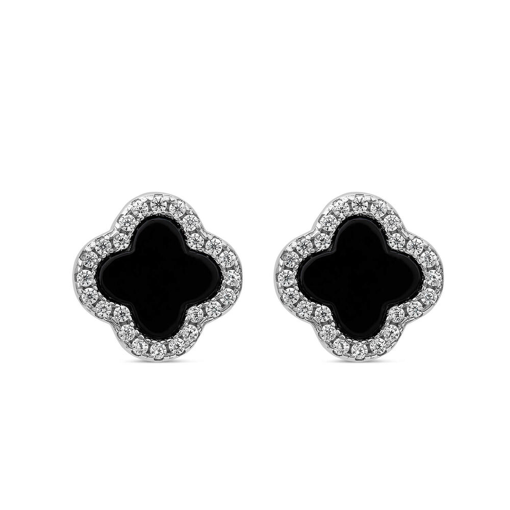 Sterling Silver Black Onyx & Cubic Zirconia Clover Petal Stud Earrings image number 0
