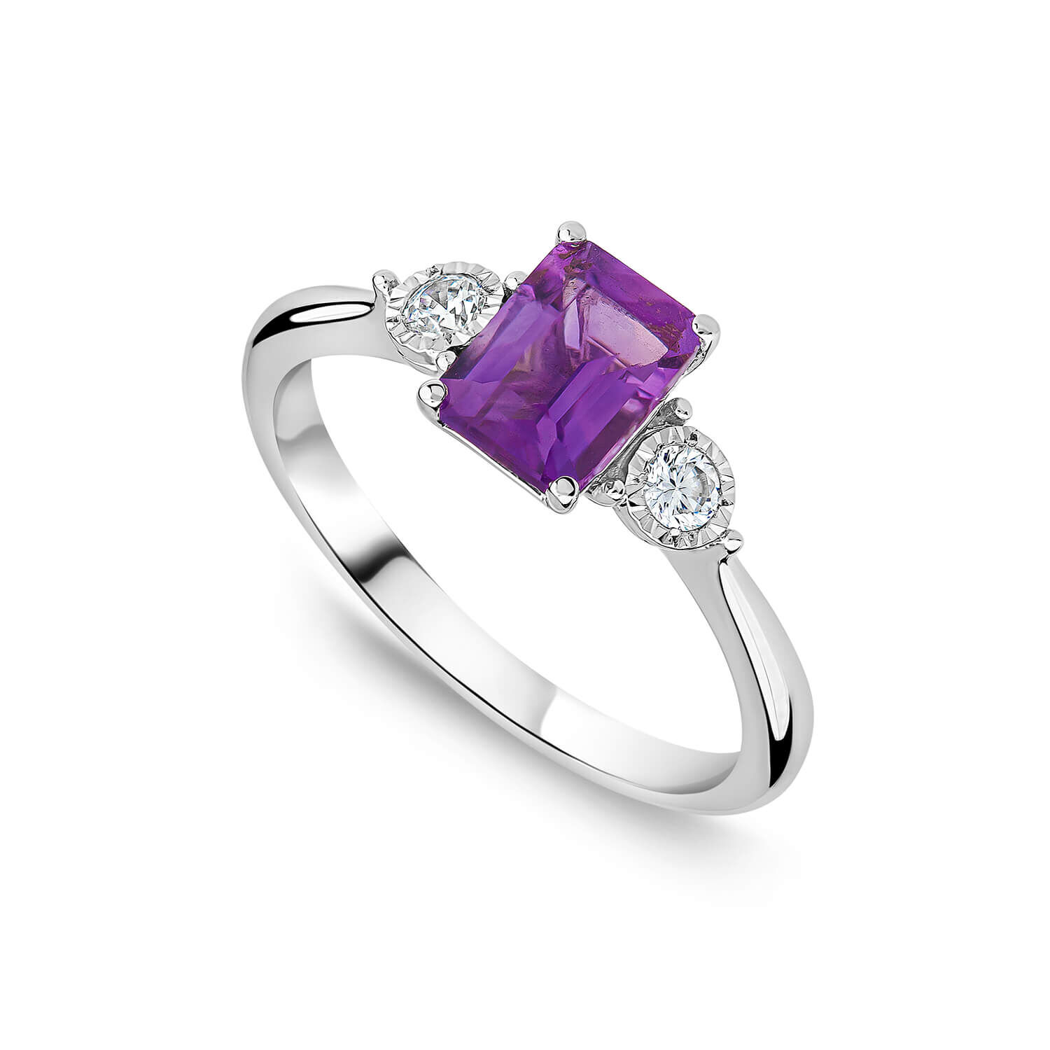 9ct White Gold Princess Cut Amethyst 0.12ct Diamond Ring