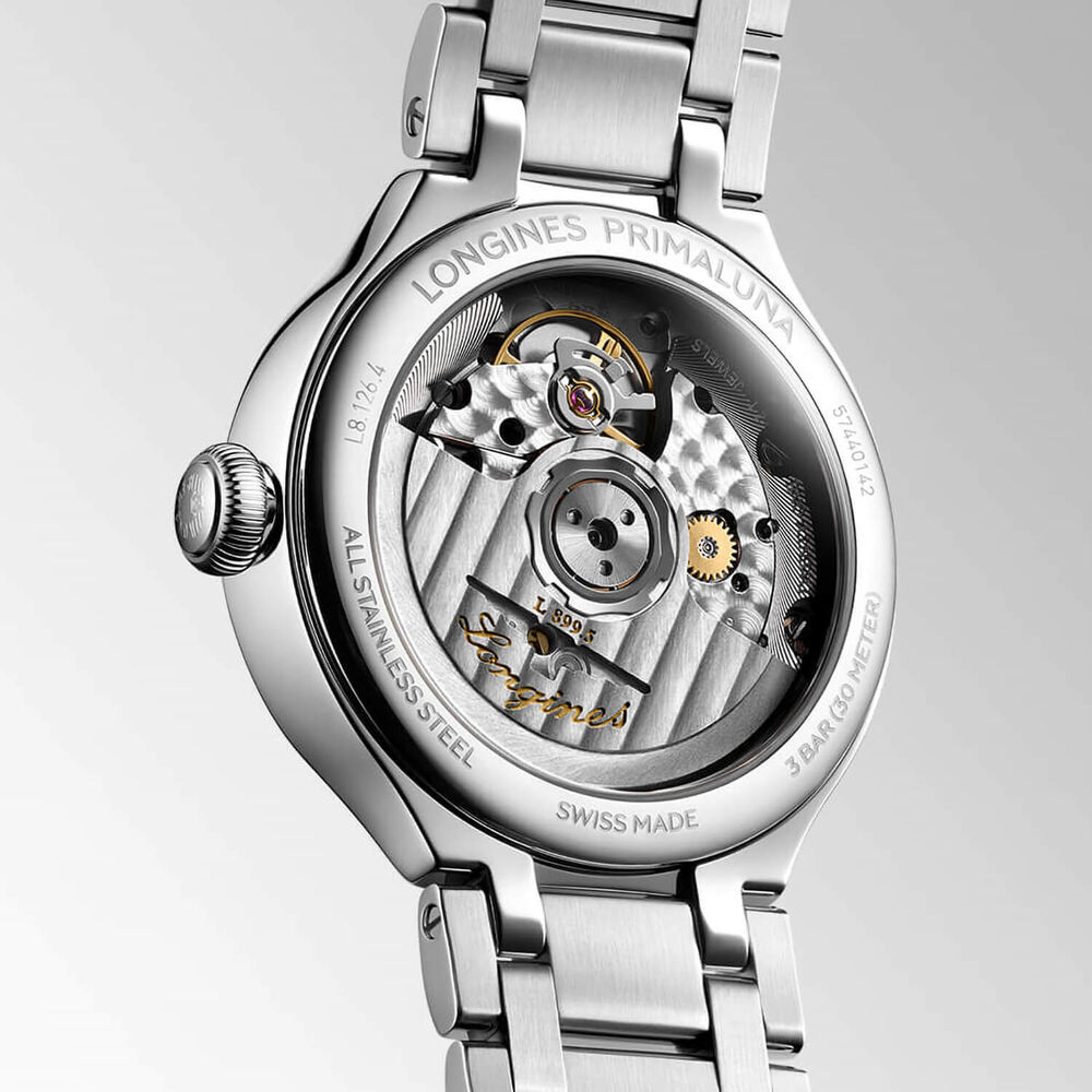 Longines Elegance Primaluna 34mm Moonphase White MOP Dial Diamond Dots Steel Bracelet Watch image number 4