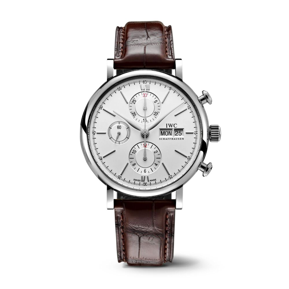 IWC Schaffhausen Portofino Chronograph Silver Dial Brown Strap Watch