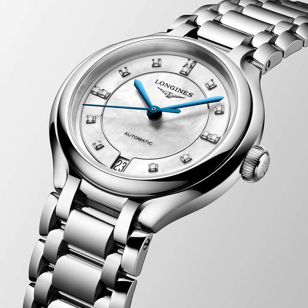 Longines Elegance Primaluna 34mm Mother of Pearl Dial Diamond Dots Steel Bracelet Watch image number 3