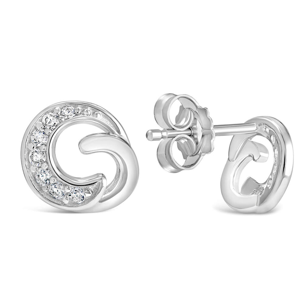 Ladies Sterling Silver and Cubic Zirconia Swirl Stud Earrings image number 2