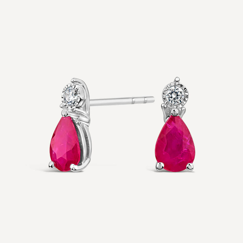 9ct White Gold Pear Ruby & Diamond Top Drop Earrings image number 2
