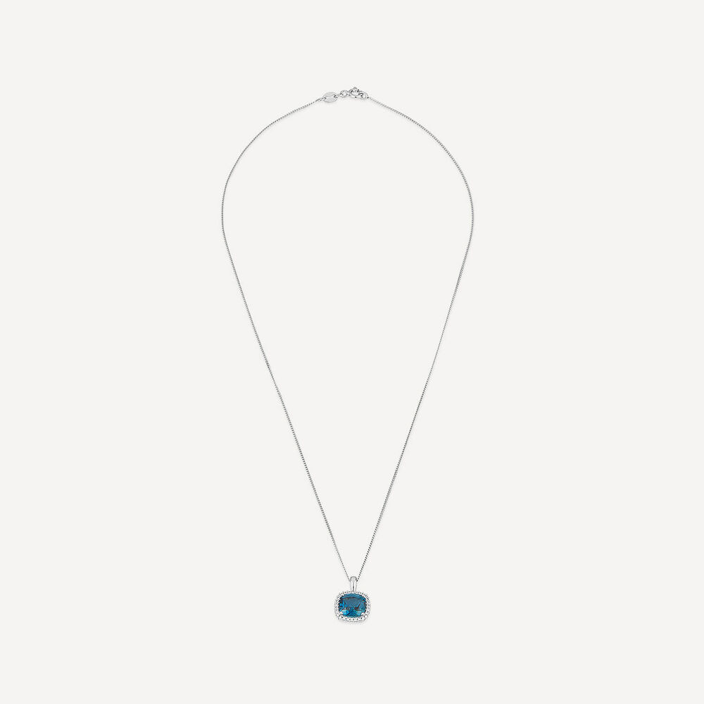 9ct White Gold Cushion London Blue Topaz & 0.10ct Diamond Pendant image number 2