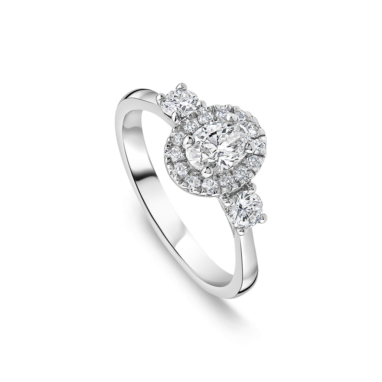 Oval engagement ring with discount halo and side stones