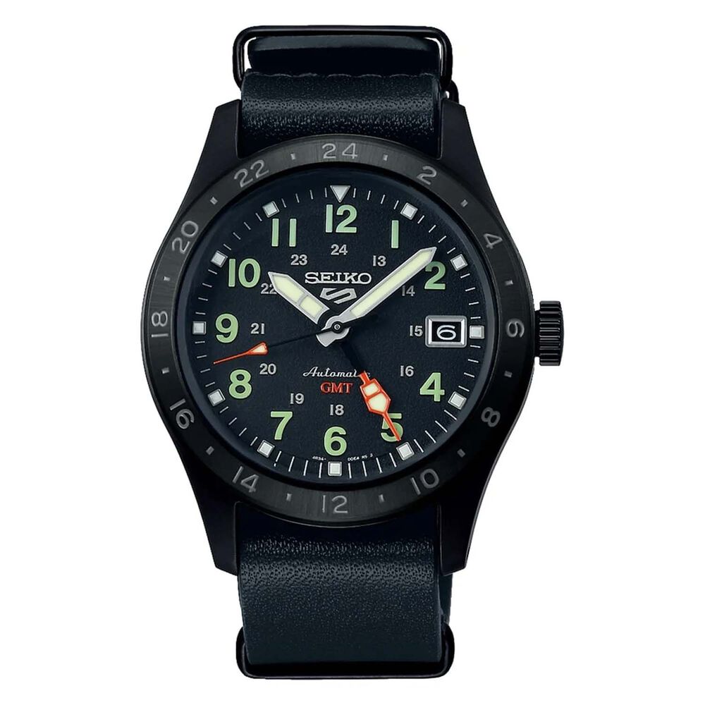 Seiko 5 Sports Fields 'Deception' Mechanical GMT 39.4mm Black Dial Leather Strap Watch image number 0