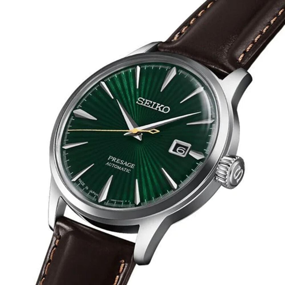 Seiko Presage Cocktail Time &lsquo;Mockingbird&rsquo; 40.5mm Green Dial Brown Leather Strap Watch