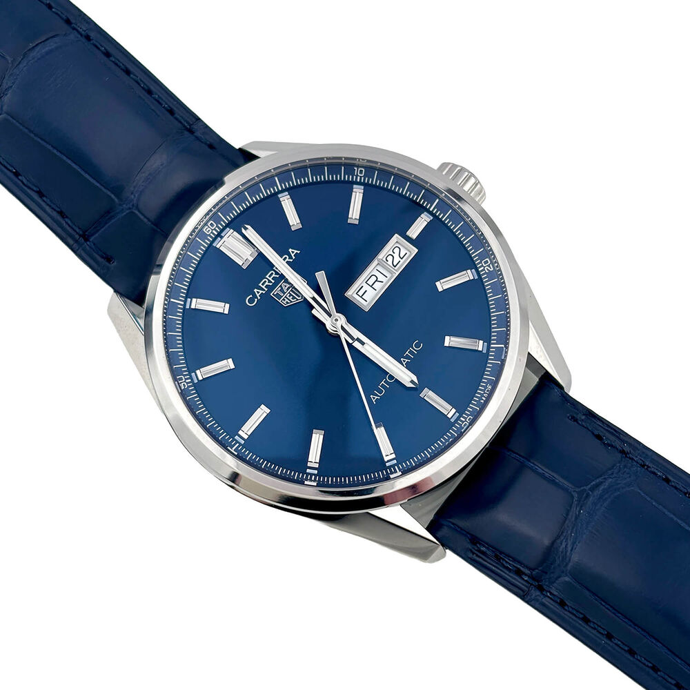 Pre-Owned TAG Heuer Carrera Day-Date 41mm Blue Dial Steel Case Blue Leather Strap Watch