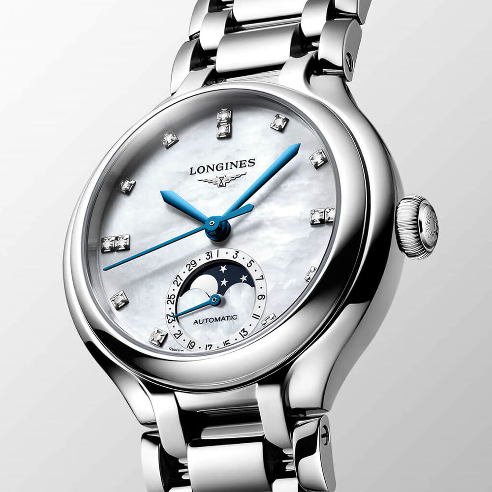 Longines Elegance Primaluna 34mm Moonphase White MOP Dial Diamond Dots Steel Bracelet Watch image number 3