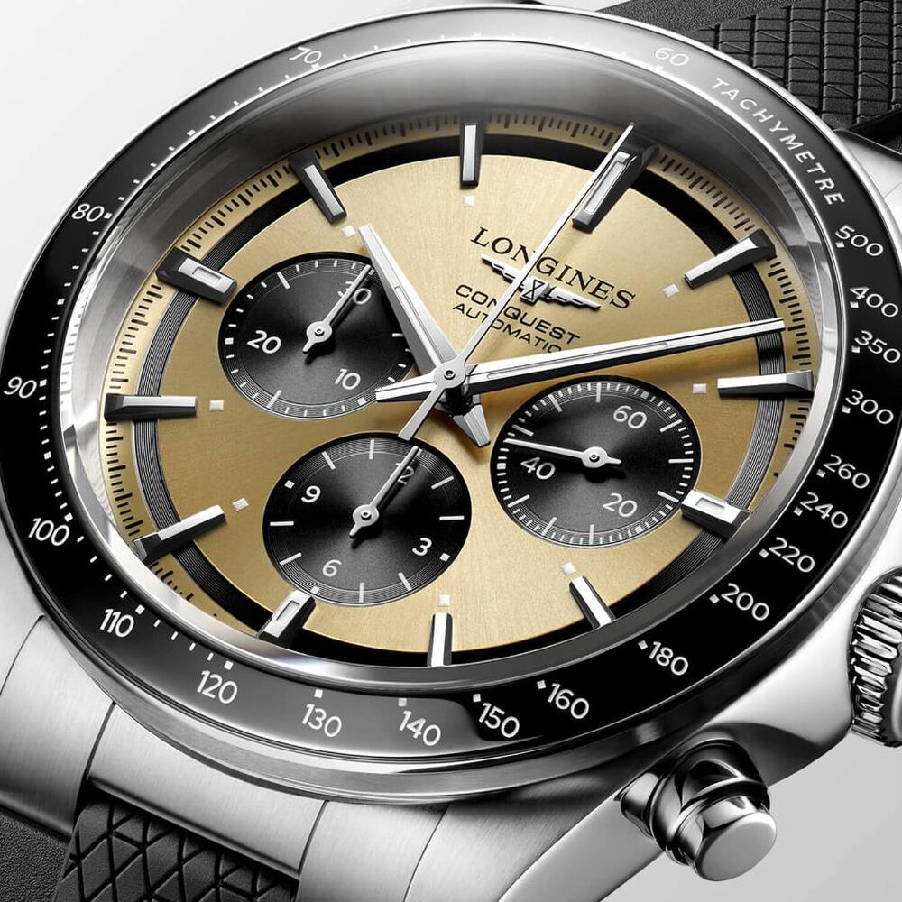 Pre-Owned Longines Conquest Chronograph 42mm Champagne Dial Black Rubber Strap Watch image number 3