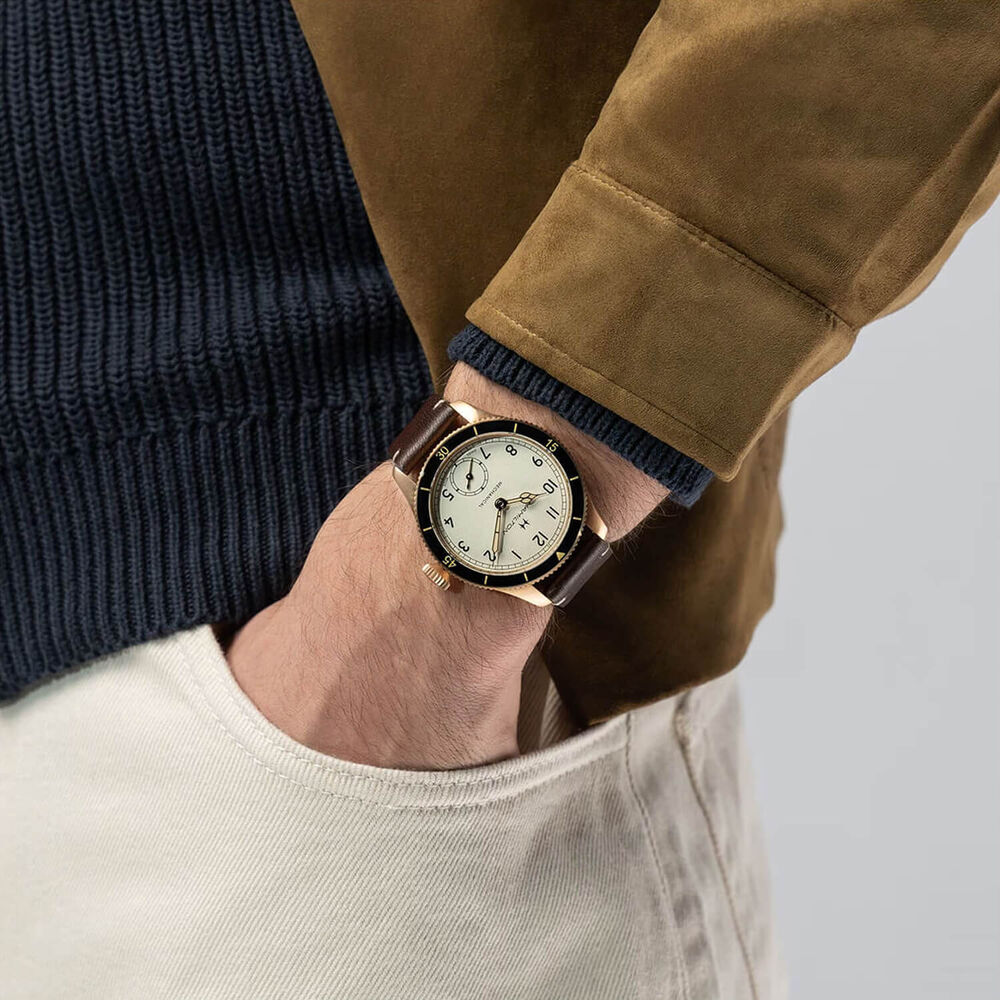 Khaki Aviation Pilot Pioneer Mechanical Bronze 43mm White Dial Brown Leather Strap Watch image number 6