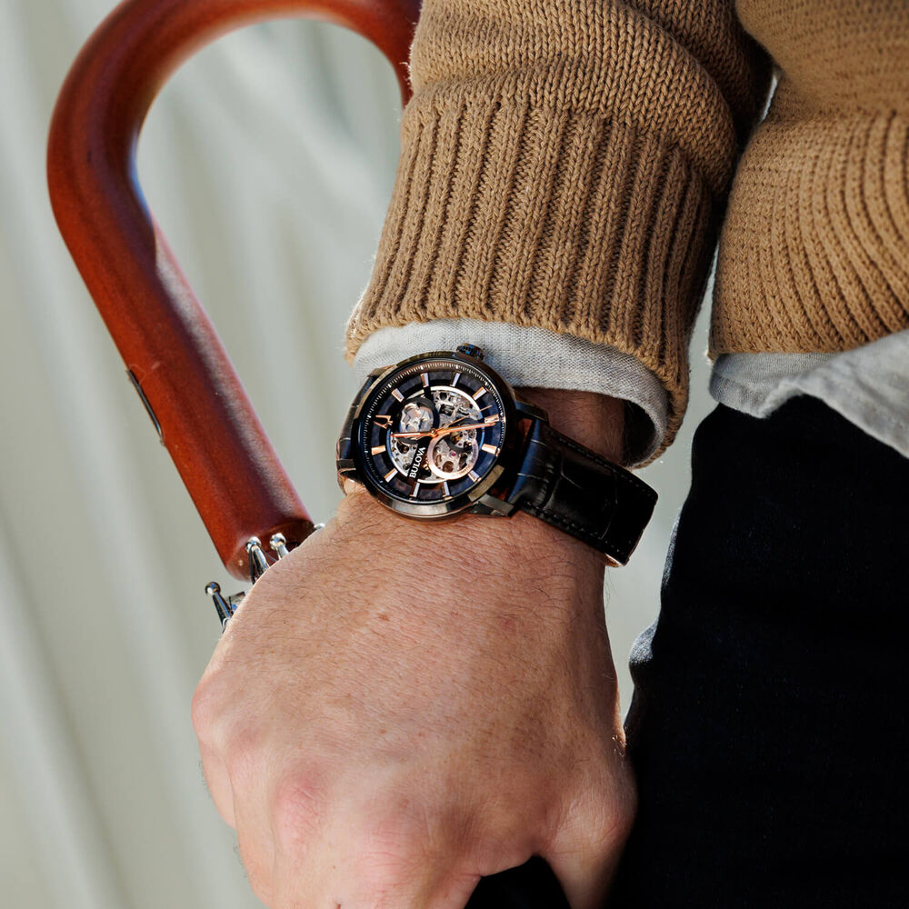 Bulova Sutton Automatic 43mm Black Skeleton Dial Ion Plated Case Leather Strap Watch image number 4