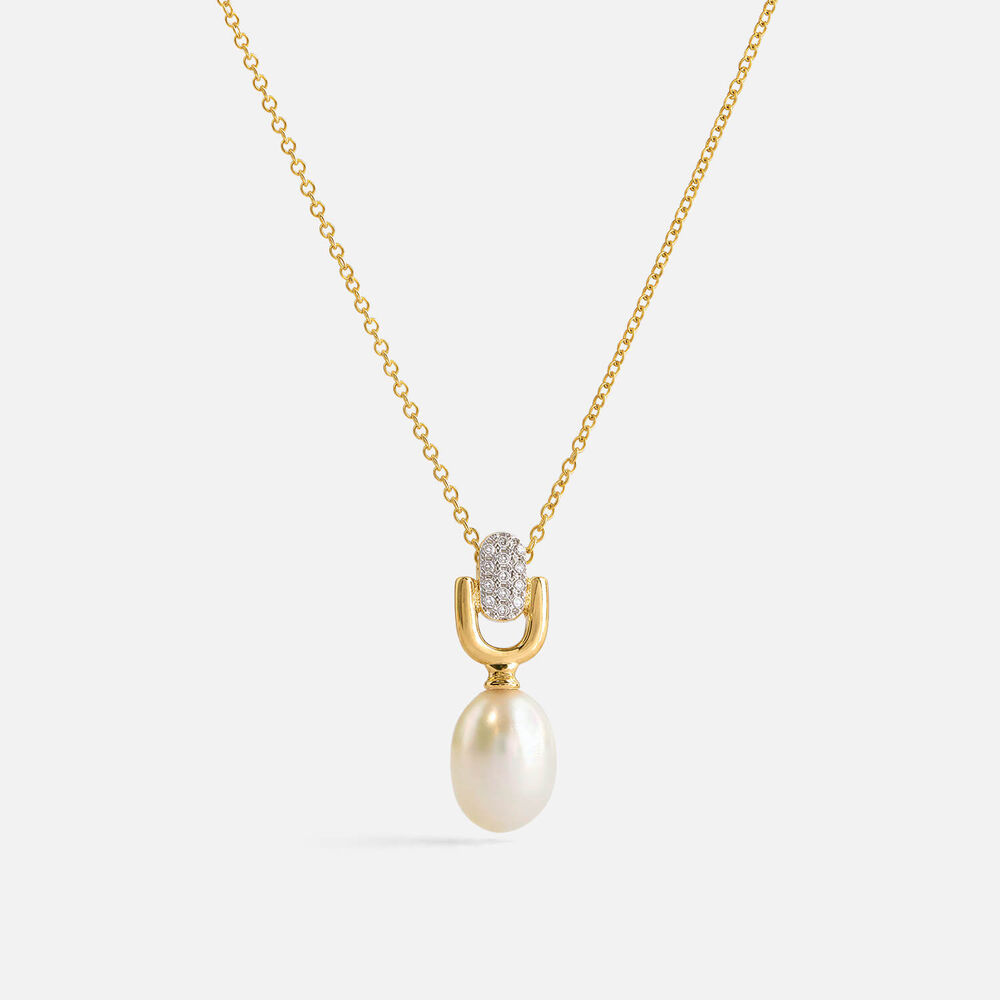 9ct Yellow Gold Oval Freshwater Pearl 0.04ct Pave Diamond Stirrup Bale Pendant