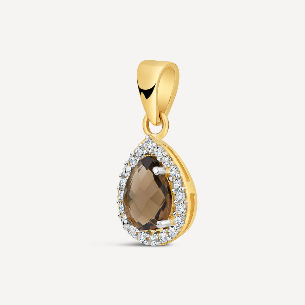 9ct Yellow Gold Pear Smokey Quartz & Cubic Zirconia Pendant (Chain Included) image number 1