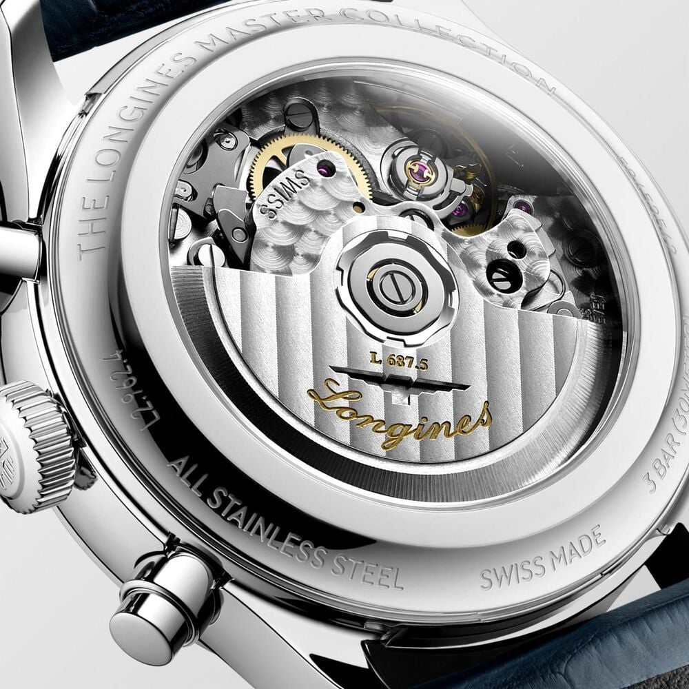 Longines Master Collection Chrono Monopusher 41mm Blue Barleycorn Dial Leather Strap Watch