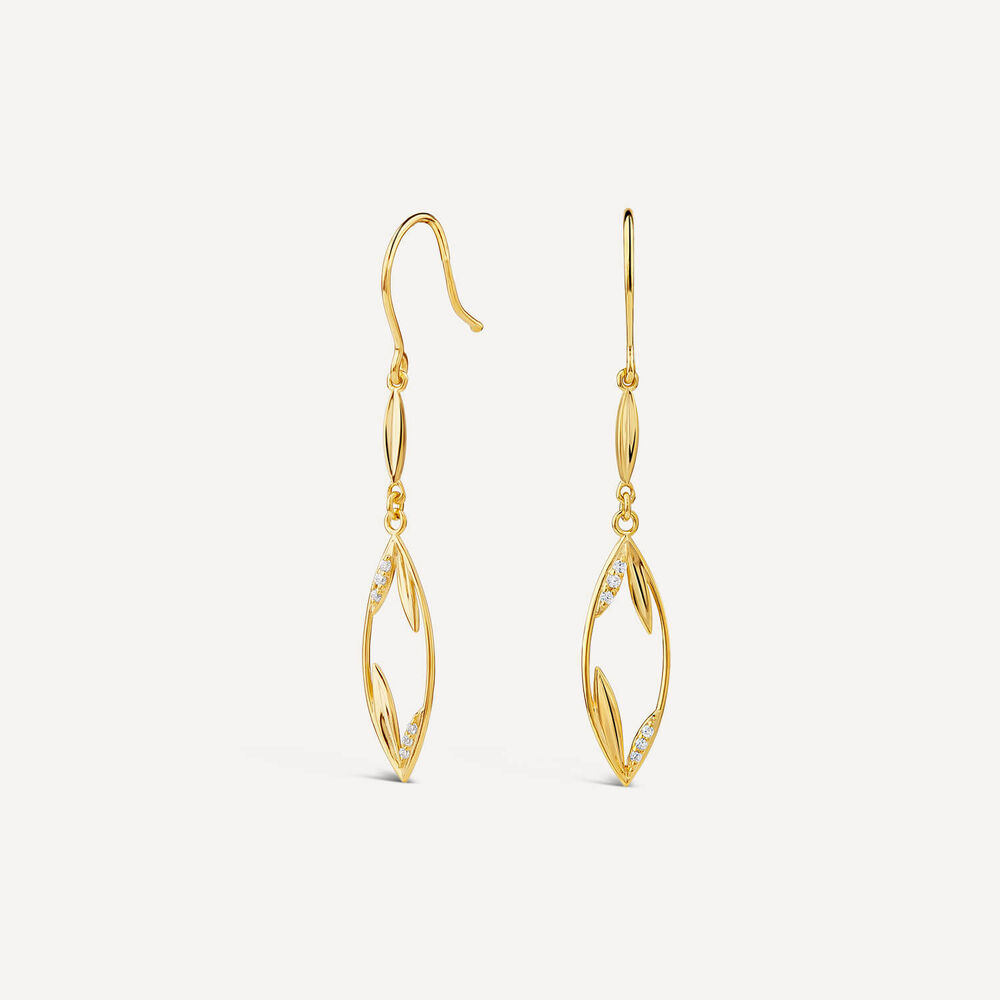 9ct Yellow Gold Cubic Zirconia Open Leaf Design Drop Earrings image number 1