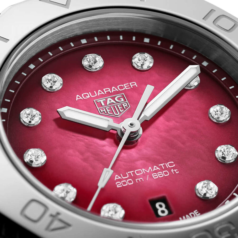 TAG Heuer Aquaracer Professional 200 Date 30mm Red MOP Dial Diamond Dots Steel Bracelet Watch image number 2