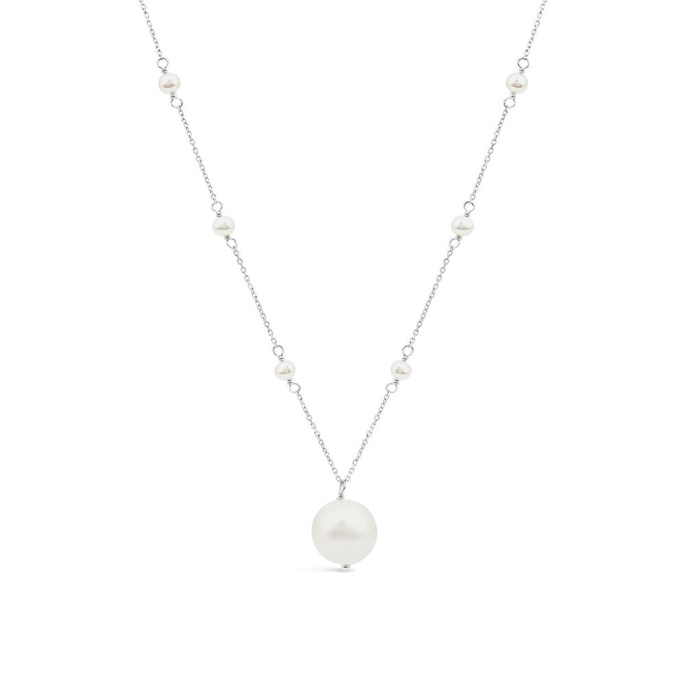 9ct White Gold Pearl Station Chain & Pearl Drop Pendant Necklet