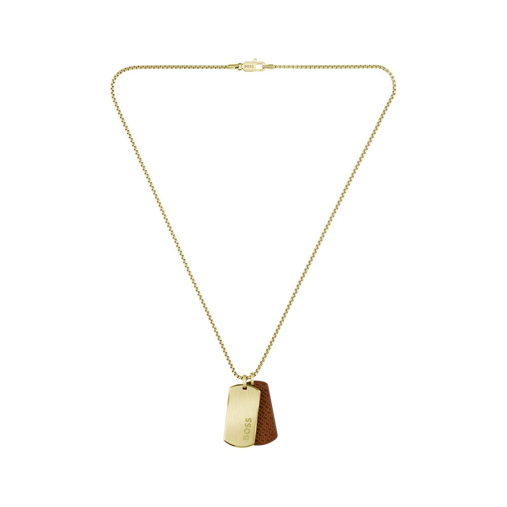 BOSS Devon Double Tag Pendant Yellow Gold Tone Stainless Steel Necklace image number 0