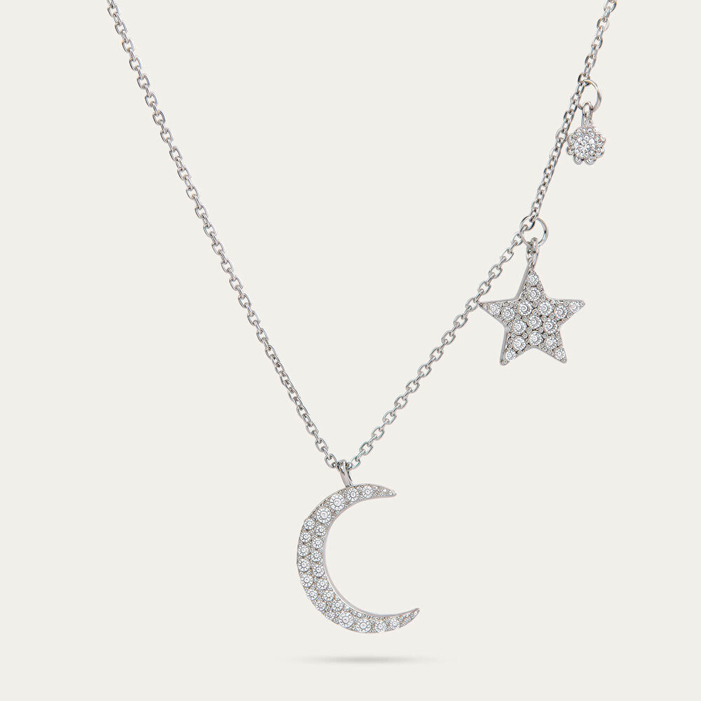 Sterling Silver Cubic Zirconia Set Moon & Star Charm Necklet