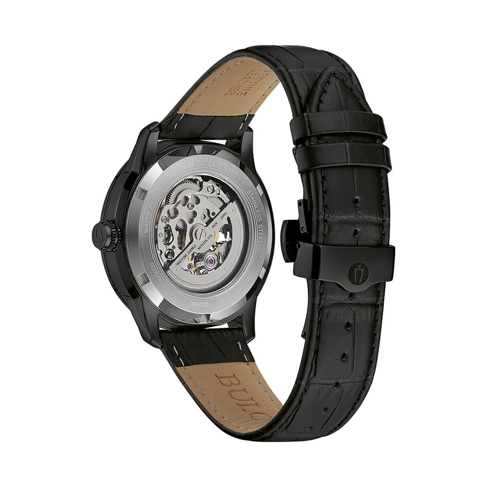 Bulova Sutton Automatic 43mm Black Skeleton Dial Ion Plated Case Leather Strap Watch image number 1