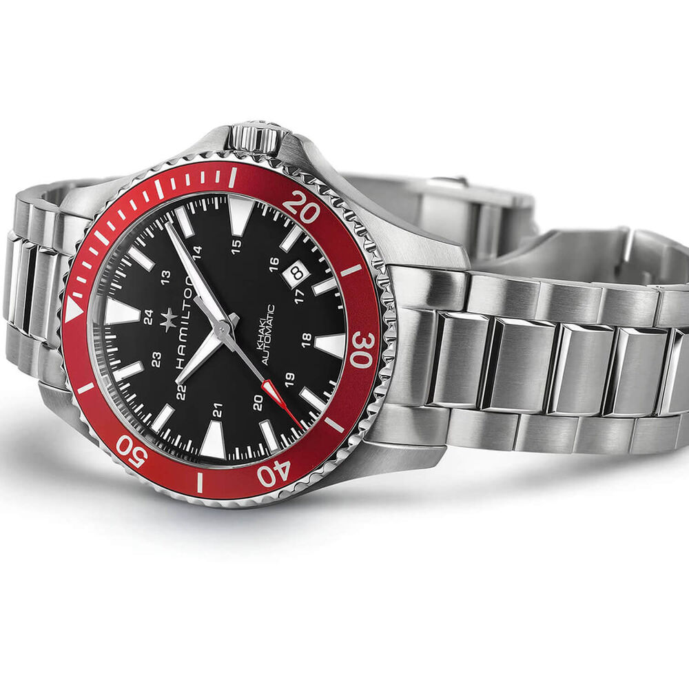 Hamilton Khaki Navy Scuba Auto 40mm Black Dial Red Bezel Steel Bracelet Watch image number 6