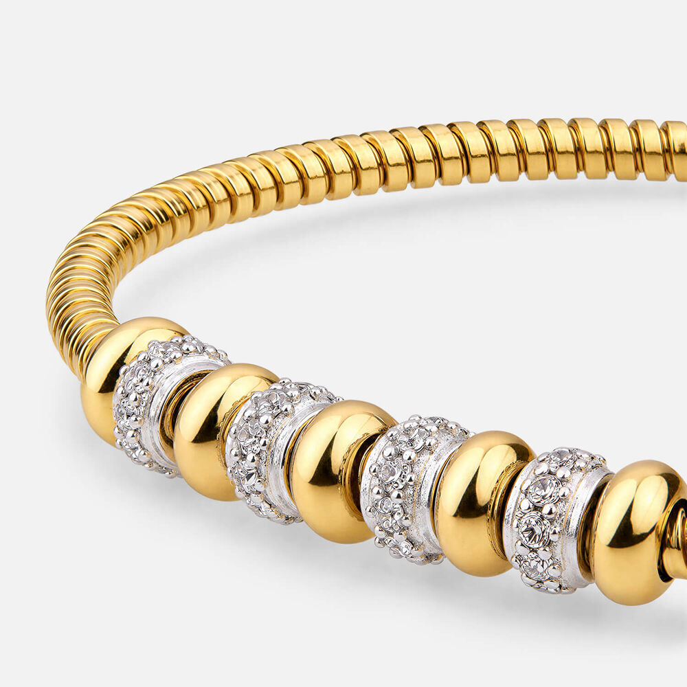 Yellow Gold Plated Sterling Silver Cubic Zirconia Centre Bead Ribbed Bracelet