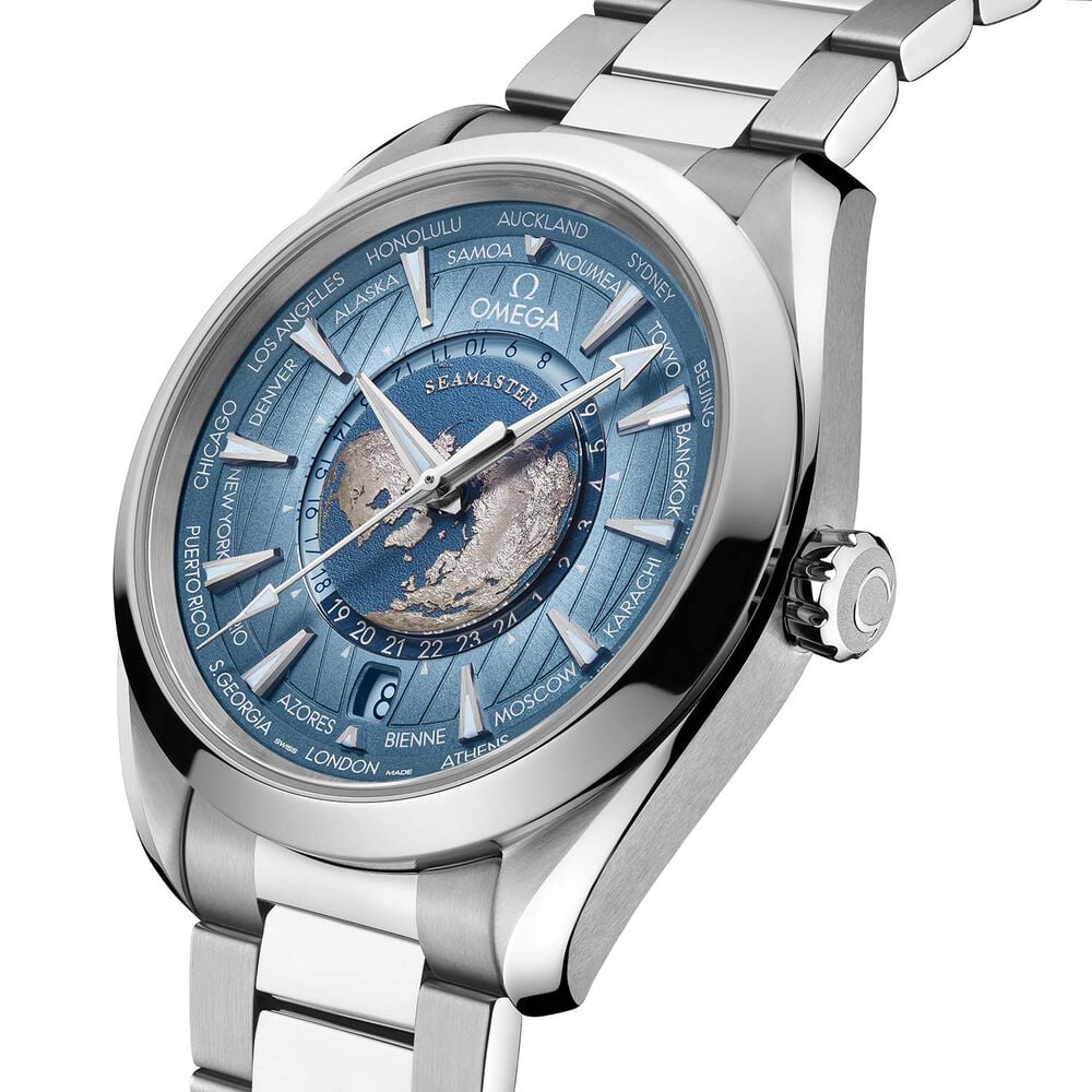 OMEGA Seamaster Aqua Terra 150M Gmt Worldtimer 43mm Summer Blue Dial Steel Bracelet Watch image number 1
