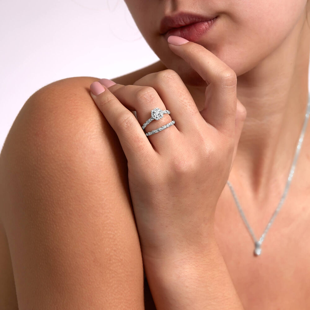 18ct White Gold 0.56ct Hexagon Cluster & Twist Diamond Shoulders Bridal Set image number 6