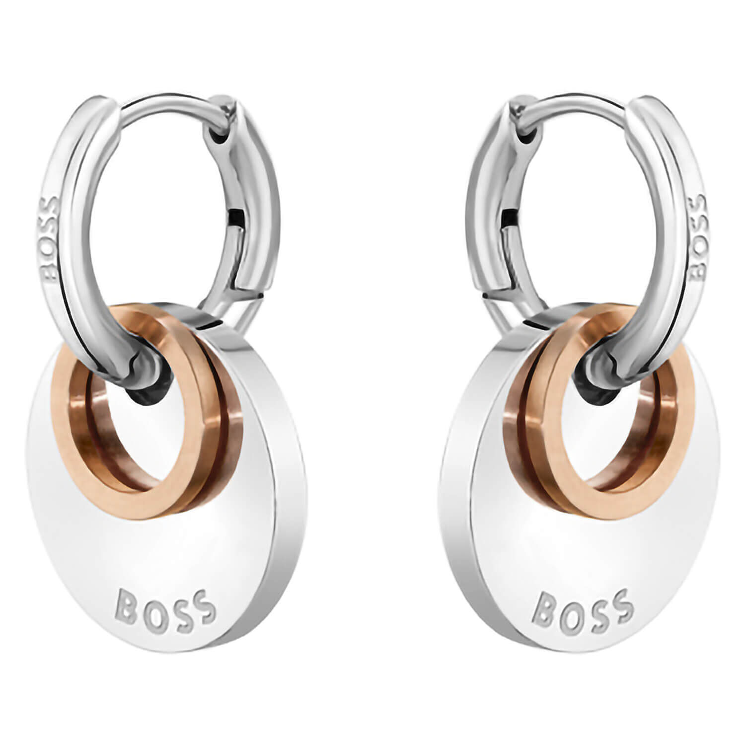 BOSS Ladies Medallion Stainless Steel Huggie Earrings
