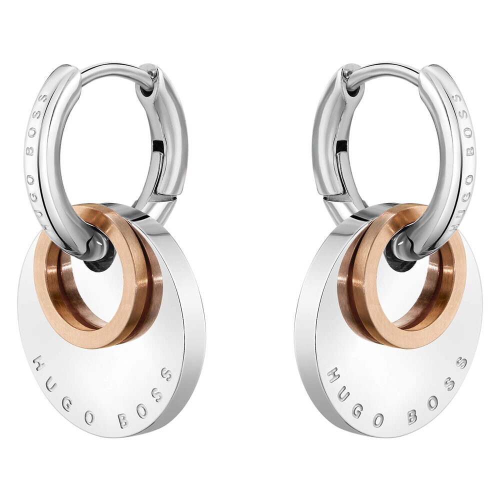 BOSS Ladies Medallion Stainless Steel Huggie Earrings