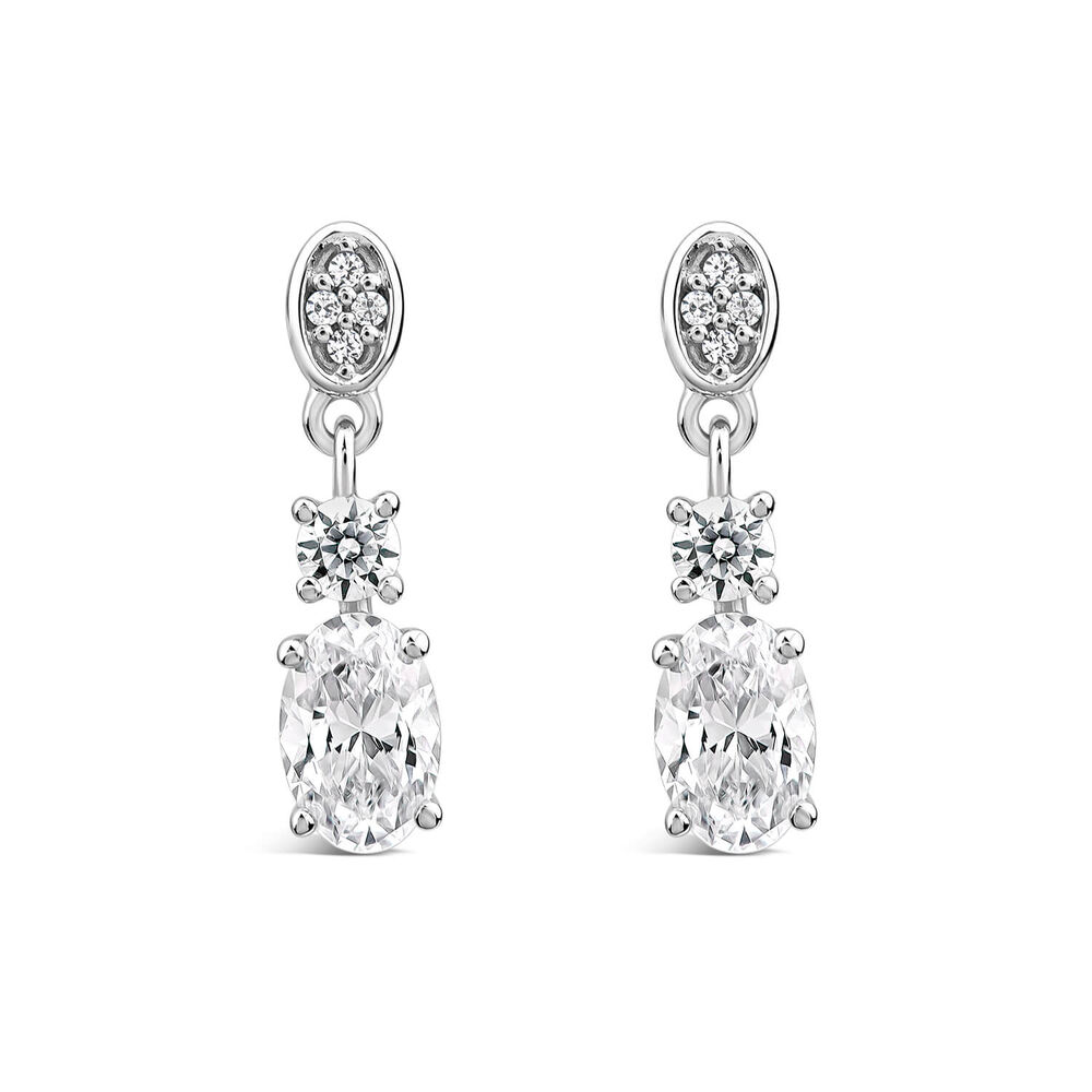 9ct White Gold Three Stone Cubic Zirconia Drop Earrings