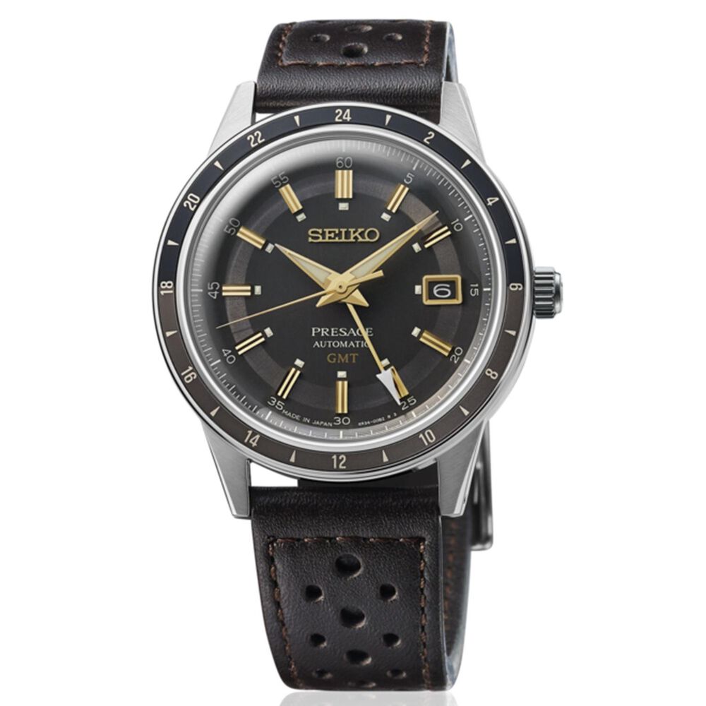 Seiko Presage Style60's 'Fume' 40mm Grey Dial Black Leather Strap Watch image number 2
