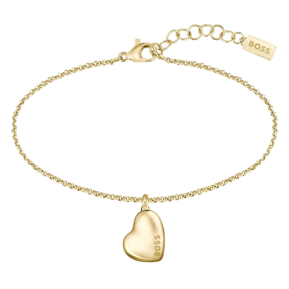 BOSS Honey Gold Toned Stainless Steel Heart Shaped Branded Pendant Bracelet