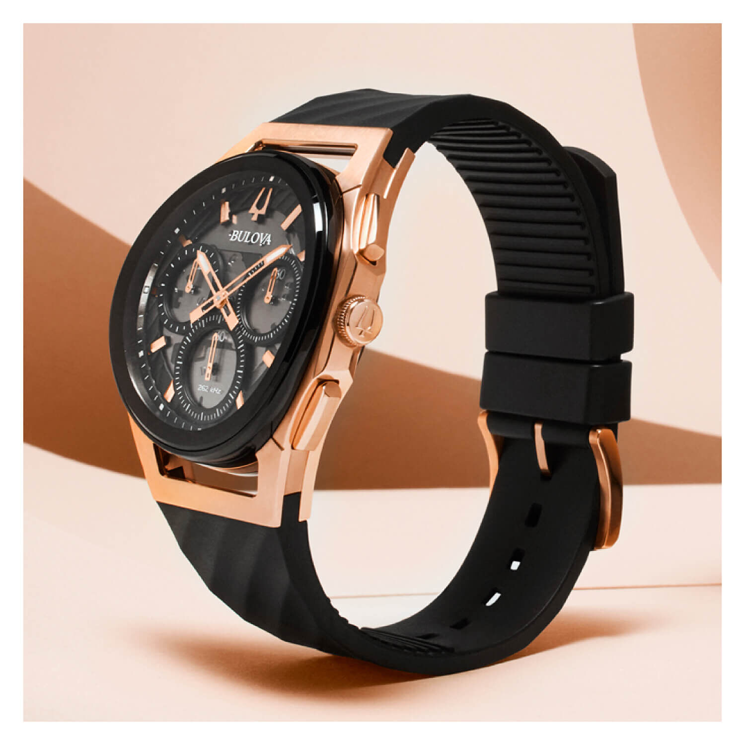 Bulova Curv Quartz Rose Gold Pvd Black Rubber Strap Watch
