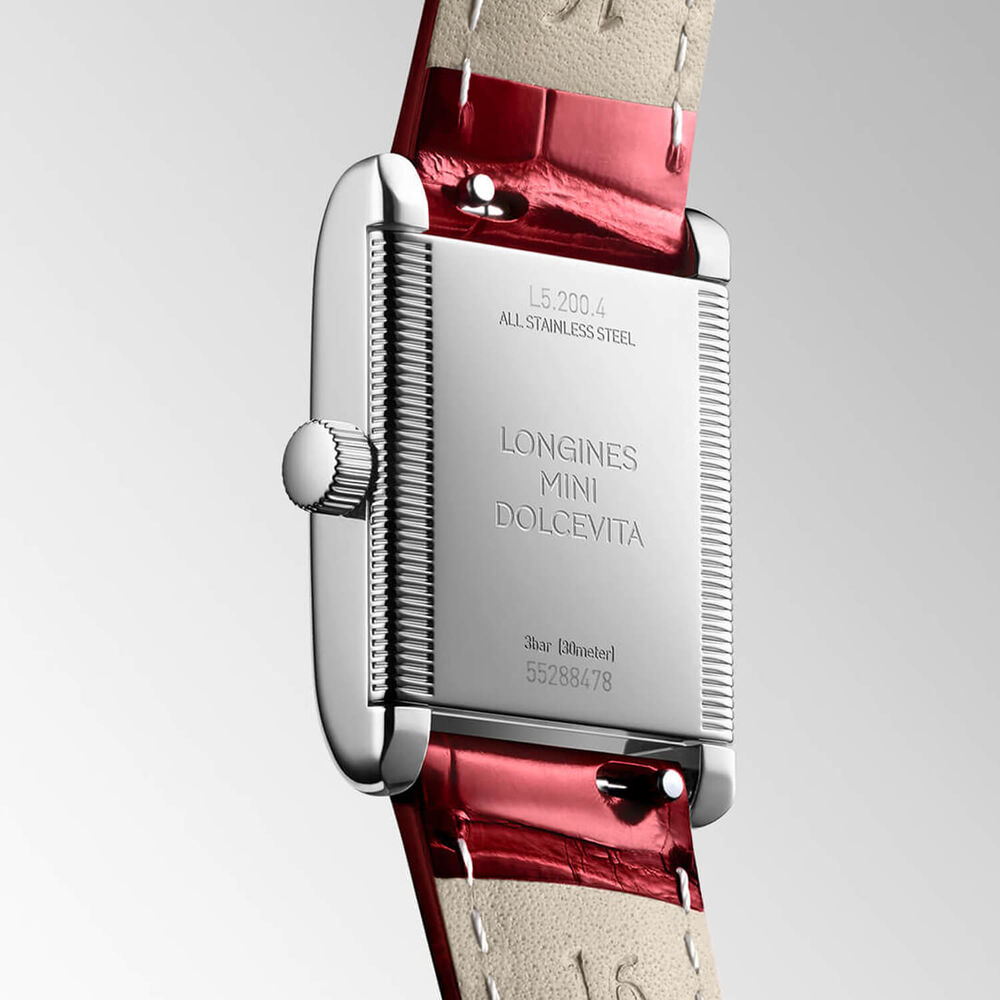 Longines MiniDolcevita 2023 29 X 21.50mm Silver "flinqué" Dial Red Strap Watch image number 1