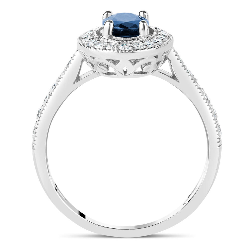 9ct White Gold Diamond Halo and Oval Sapphire Ring image number 2