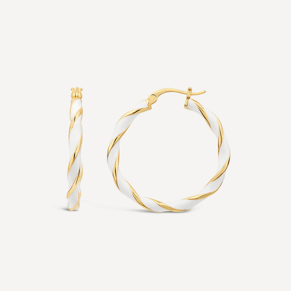 Silver & Yellow Gold Plated White Enamel Twist Large Hoop Earrings