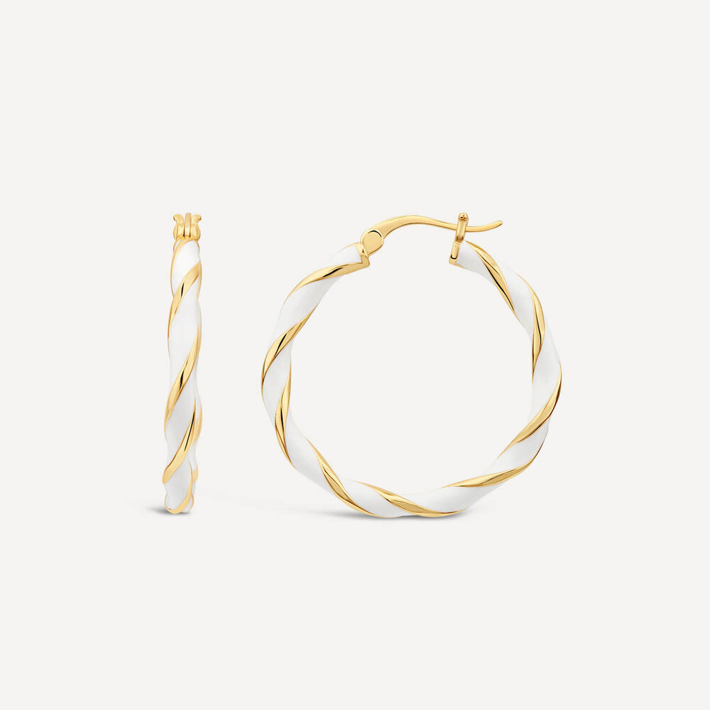 Silver & Yellow Gold Plated White Enamel Twist Large Hoop Earrings image number 1